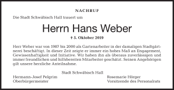 Traueranzeige von Hans Weber von Haller Tagblatt