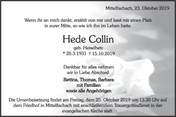 Traueranzeige von Hede Collin von Haller Tagblatt