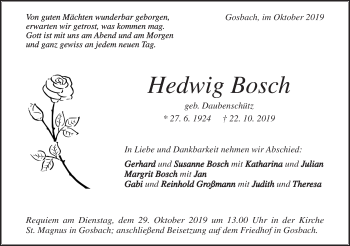 Traueranzeige von Hedwig Bosch von Geislinger Zeitung