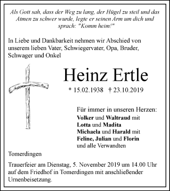 Traueranzeige von Heinz Ertle von SÜDWEST PRESSE Ausgabe Ulm/Neu-Ulm