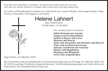 Traueranzeige von Helene Lahnert von Hohenloher Tagblatt