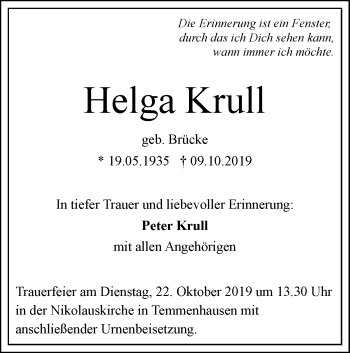 Traueranzeige von Helga Krull von SÜDWEST PRESSE Ausgabe Ulm/Neu-Ulm