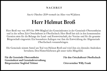 Traueranzeige von Helmut Broß von Haller Tagblatt