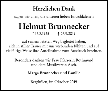 Traueranzeige von Helmut Brunnecker von SÜDWEST PRESSE