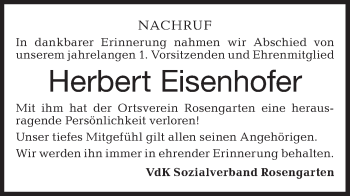 Traueranzeige von Herbert Eisenhofer von Haller Tagblatt