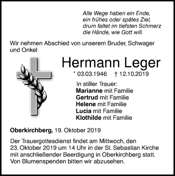 Traueranzeige von Hermann Leger von SÜDWEST PRESSE Ausgabe Ulm/Neu-Ulm