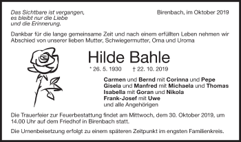 Traueranzeige von Hilde Bahle von NWZ Neue Württembergische Zeitung