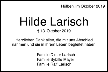 Traueranzeige von Hilde Larisch von Alb-Bote/Metzinger-Uracher Volksblatt