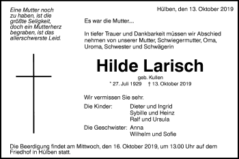 Traueranzeige von Hilde Larisch von Alb-Bote/Metzinger-Uracher Volksblatt