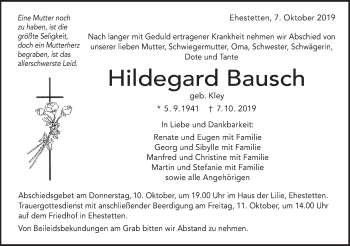 Traueranzeige von Hildegard Bausch von Alb-Bote/Metzinger-Uracher Volksblatt