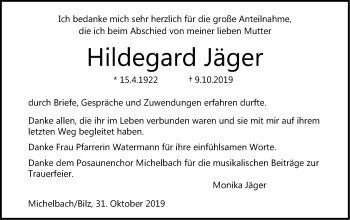 Traueranzeige von Hildegard Jäger von Haller Tagblatt