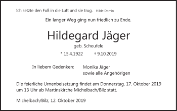 Traueranzeige von Hildegard Jäger von Haller Tagblatt