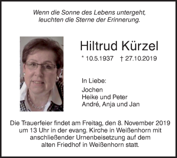 Traueranzeige von Hiltrud Kürzel von SÜDWEST PRESSE Ausgabe Ulm/Neu-Ulm