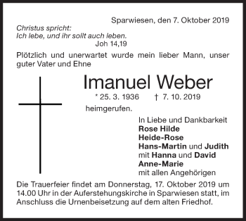 Traueranzeige von Imanuel Weber von NWZ Neue Württembergische Zeitung