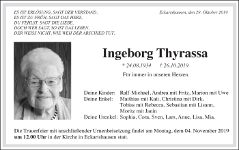 Traueranzeige von Ingeborg Thyrassa von Haller Tagblatt