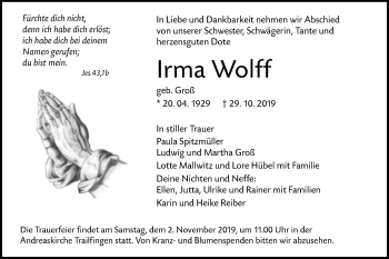 Traueranzeige von Irma Wolff von Alb-Bote/Metzinger-Uracher Volksblatt