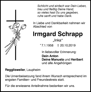 Traueranzeige von Irmgard Schrapp von Illertal Bote