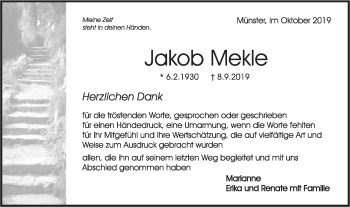 Traueranzeige von Jakob Mekle von Rundschau Gaildorf