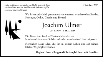 Traueranzeige von Joachim Ulmer von Rundschau Gaildorf