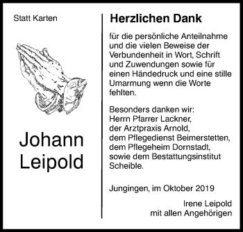 Traueranzeige von Johann Leipold von SÜDWEST PRESSE Ausgabe Ulm/Neu-Ulm