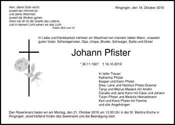 Traueranzeige von Johann Pfister von Hohenzollerische Zeitung