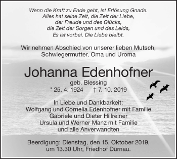 Traueranzeige von Johanna Edenhofner von NWZ Neue Württembergische Zeitung