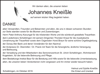 Traueranzeige von Johannes Kneißle von Ehinger Tagblatt