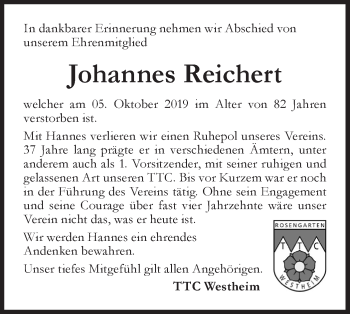 Traueranzeige von Johannes Reichert von Haller Tagblatt