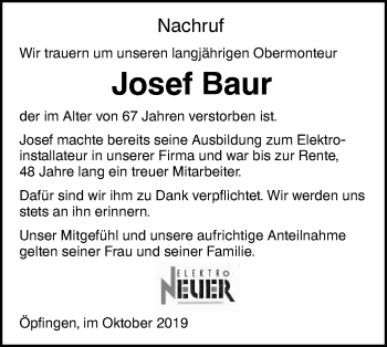 Traueranzeige von Josef Baur von Ehinger Tagblatt