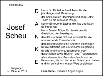 Traueranzeige von Josef Scheu von Hohenzollerische Zeitung