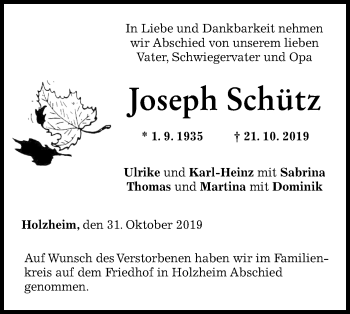 Traueranzeige von Joseph Schütz von SÜDWEST PRESSE Ausgabe Ulm/Neu-Ulm