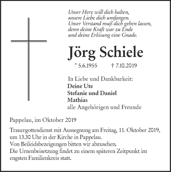 Traueranzeige von Jörg Schiele von SÜDWEST PRESSE Ausgabe Ulm/Neu-Ulm