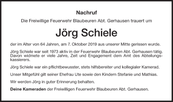 Traueranzeige von Jörg Schiele von SÜDWEST PRESSE