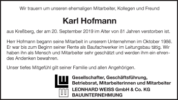 Traueranzeige von Karl Hofmann von Hohenloher Tagblatt