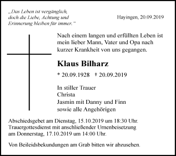 Traueranzeige von Klaus Bilharz von Alb-Bote/Metzinger-Uracher Volksblatt