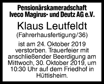 Traueranzeige von Klaus Leutfeldt von SÜDWEST PRESSE Ausgabe Ulm/Neu-Ulm