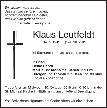 Traueranzeige von Klaus Leutfeldt von SÜDWEST PRESSE Ausgabe Ulm/Neu-Ulm