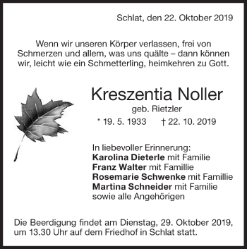 Traueranzeige von Kreszentia Noller von NWZ Neue Württembergische Zeitung