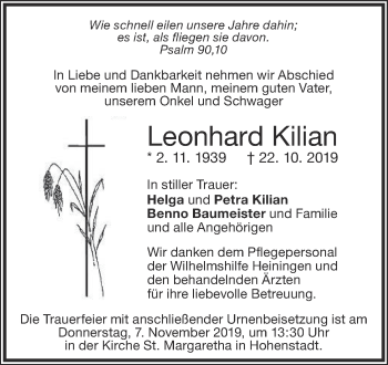 Traueranzeige von Leonhard Kilian von NWZ Neue Württembergische Zeitung/Geislinger Zeitung