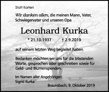 Traueranzeige von Leonhard Kurka von Haller Tagblatt