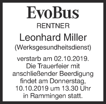 Traueranzeige von Leonhard Miller von SÜDWEST PRESSE Ausgabe Ulm/Neu-Ulm