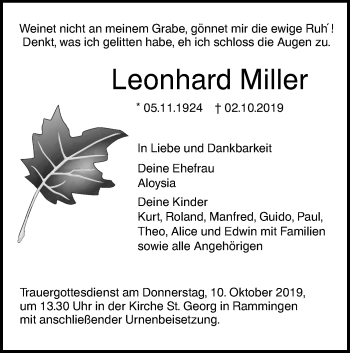 Traueranzeige von Leonhard Miller von SÜDWEST PRESSE Ausgabe Ulm/Neu-Ulm