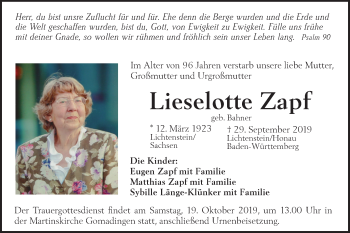 Traueranzeige von Lieselotte Zapf von Alb-Bote/Metzinger-Uracher Volksblatt