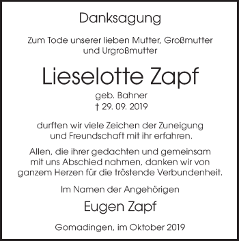 Traueranzeige von Lieselotte Zapf von Alb-Bote/Metzinger-Uracher Volksblatt