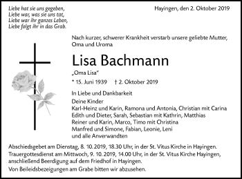 Traueranzeige von Lisa Bachmann von Alb-Bote/Metzinger-Uracher Volksblatt