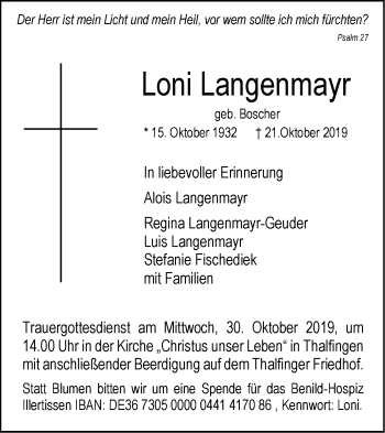 Traueranzeige von Loni Langenmayr von SÜDWEST PRESSE Ausgabe Ulm/Neu-Ulm