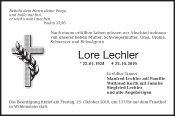 Traueranzeige von Lore Lechler von Hohenloher Tagblatt