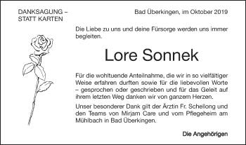 Traueranzeige von Lore Sonnek von Geislinger Zeitung