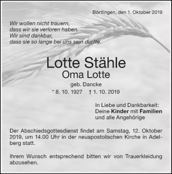 Traueranzeige von Lotte Stähle von NWZ Neue Württembergische Zeitung