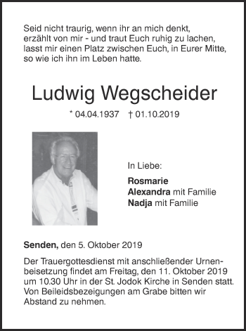 Traueranzeige von Ludwig Wegscheider von SÜDWEST PRESSE Ausgabe Ulm/Neu-Ulm